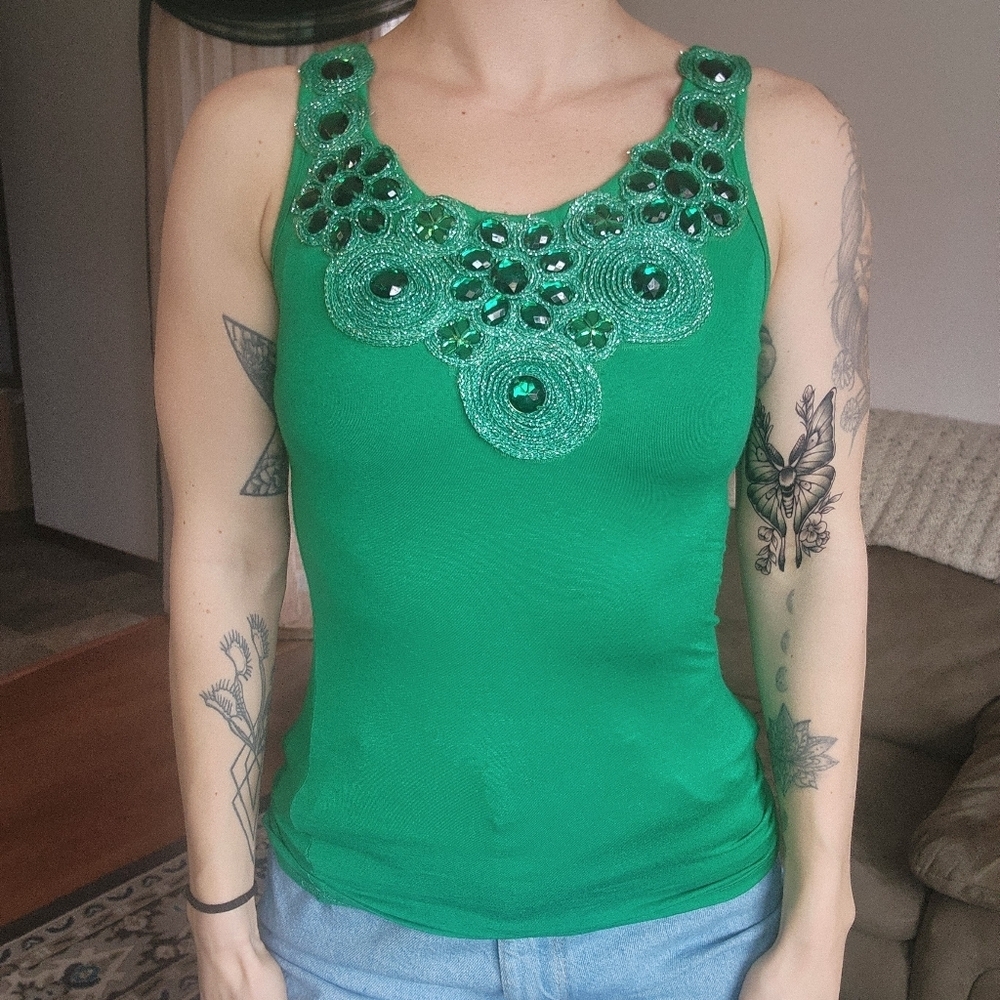 BodyC Y2K Green Bejeweled Tank Top Size Medium